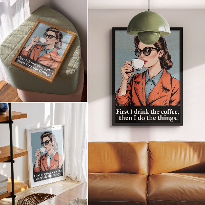 Wandposter Retro vrouw met koffie en motiverende tekst