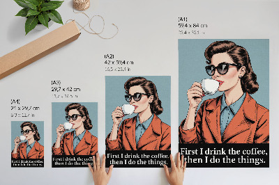 Wandposter Retro vrouw met koffie en motiverende tekst