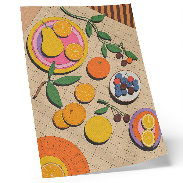 Poster Een dynamische compositie van fruit op een geometrische achtergrond.