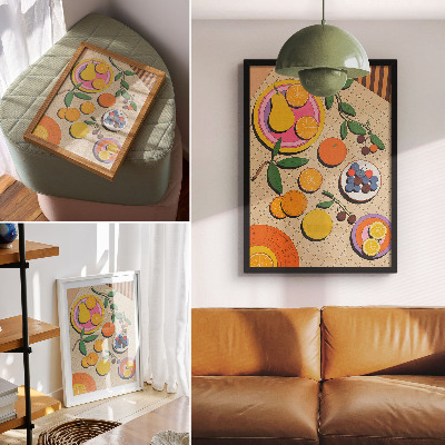 Poster Een dynamische compositie van fruit op een geometrische achtergrond.