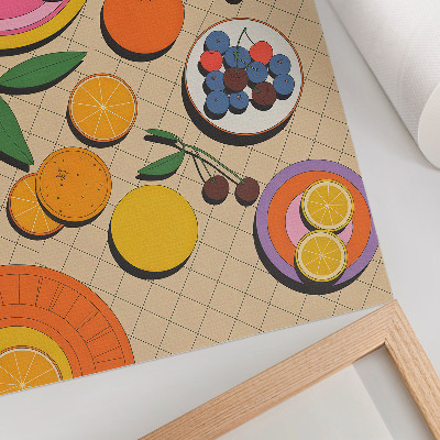 Poster Een dynamische compositie van fruit op een geometrische achtergrond.