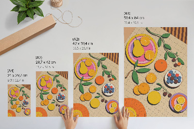 Poster Een dynamische compositie van fruit op een geometrische achtergrond.