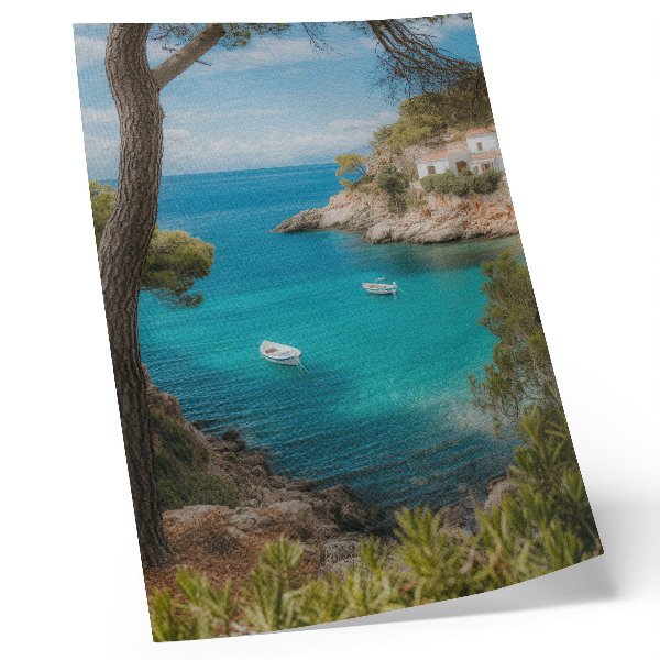 Wandposter Een baai met boten en een huis in een pittoresk landschap.