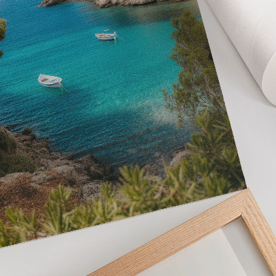 Wandposter Een baai met boten en een huis in een pittoresk landschap.