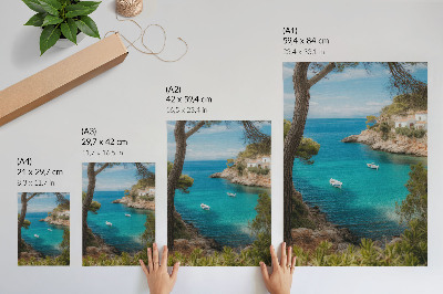 Wandposter Een baai met boten en een huis in een pittoresk landschap.