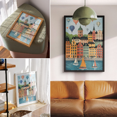 Decoratieve poster Huurkazernes, ballonnen, zeilboten, een kleurrijke sfeer