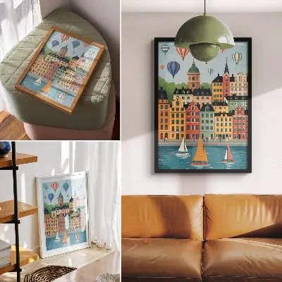 Decoratieve poster met huurkazernes, ballonnen en zeilboten in een kleurrijke sfeer