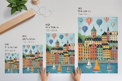 Decoratieve poster Huurkazernes, ballonnen, zeilboten, een kleurrijke sfeer
