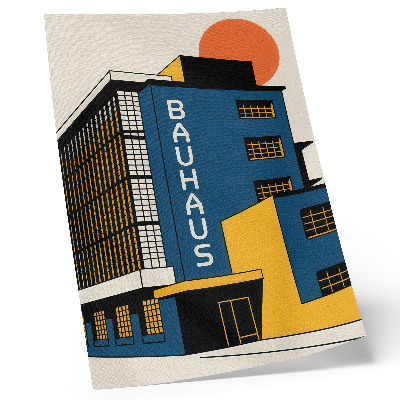 Poster Marineblauw Bauhaus-gebouw met gele accenten en een moderne uitstraling.