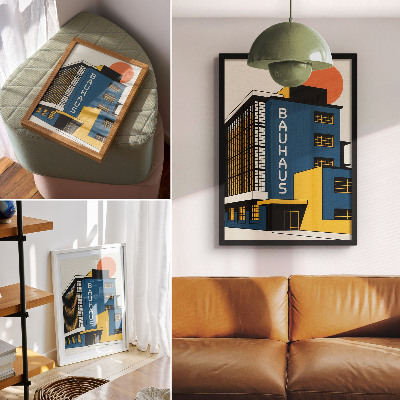 Poster Marineblauw Bauhaus-gebouw met gele accenten en een moderne uitstraling.
