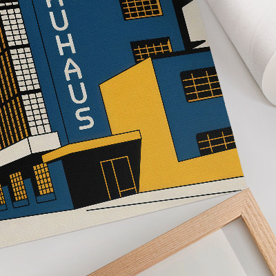 Poster Marineblauw Bauhaus-gebouw met gele accenten en een moderne uitstraling.