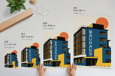 Poster Marineblauw Bauhaus-gebouw met gele accenten en een moderne uitstraling.