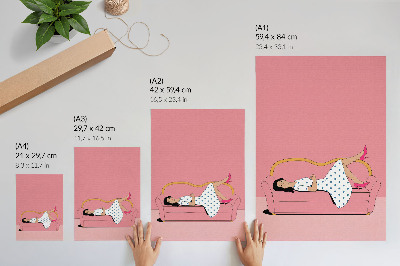 Decoratieve poster Rustgevende ontspanningsscène met een vrouw op een roze bank.