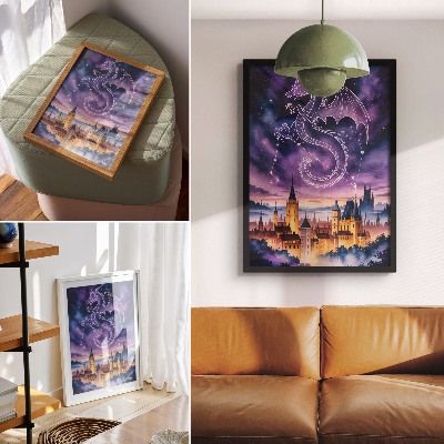 Poster Fantasiewereld drakenkasteel hemel sterren ruimte