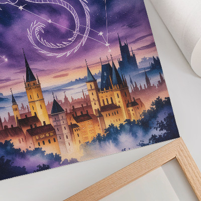 Poster Fantasiewereld drakenkasteel hemel sterren ruimte
