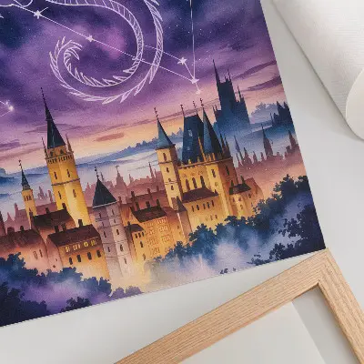 Poster met een fantasiewereld van een drakenkasteel in de sterrenhemel en de ruimte
