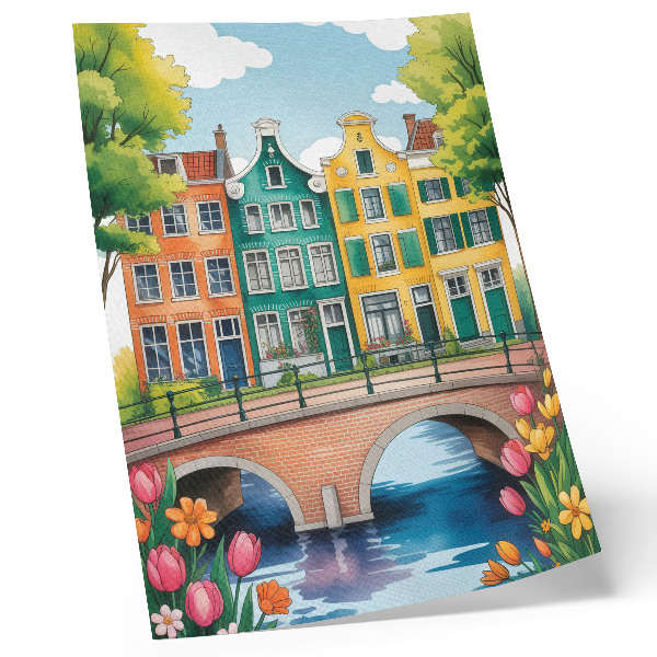 Poster Kleurrijke huurkazernes langs het kanaal, in illustratieve stijl.