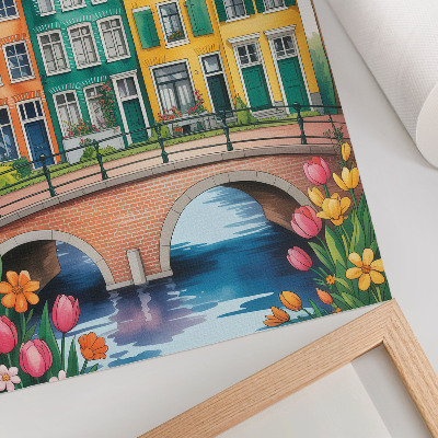 Poster Kleurrijke huurkazernes langs het kanaal, in illustratieve stijl.