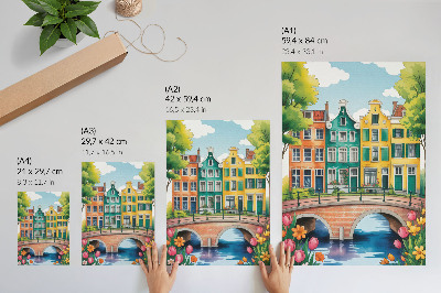 Poster Kleurrijke huurkazernes langs het kanaal, in illustratieve stijl.