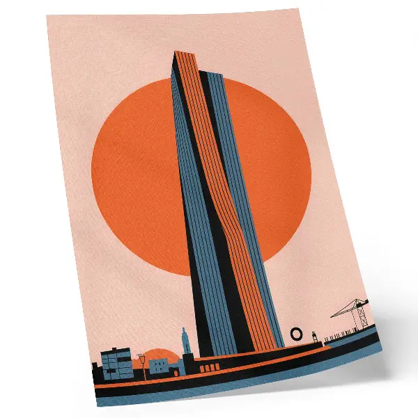 Decoratieve poster wolkenkrabber met minimalistisch cirkeldesign en contrast