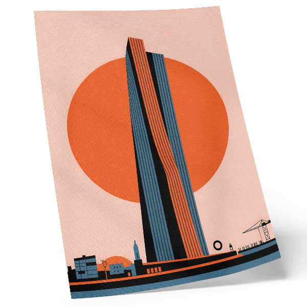 Decoratieve poster Wolkenkrabber tegen de achtergrond van een cirkel, minimalisme, contrast