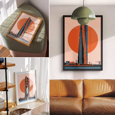 Decoratieve poster Wolkenkrabber tegen de achtergrond van een cirkel, minimalisme, contrast