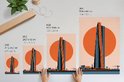 Decoratieve poster Wolkenkrabber tegen de achtergrond van een cirkel, minimalisme, contrast