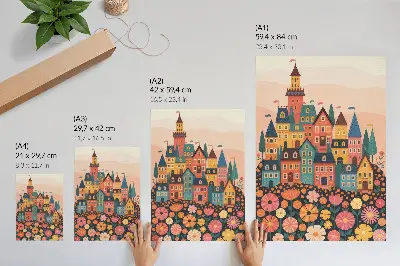 Poster kleurrijke huizen en bloemen in een idyllische sfeer