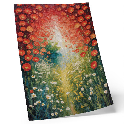 Wandposter Rode bloemen, groene accenten, driedimensionale achtergrond