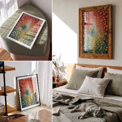 Wandposter Rode bloemen, groene accenten, driedimensionale achtergrond
