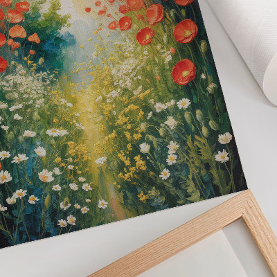 Wandposter Rode bloemen, groene accenten, driedimensionale achtergrond