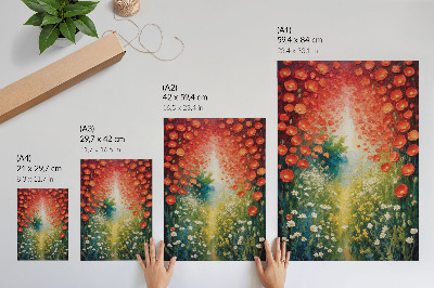 Wandposter Rode bloemen, groene accenten, driedimensionale achtergrond