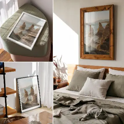 Decoratieve poster rotsachtige kliffen aan zee tijdens zonsondergang