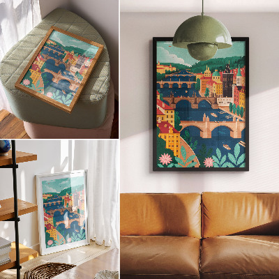 Wandposter Een kleurrijke stad met bruggen, natuur en de hemel.
