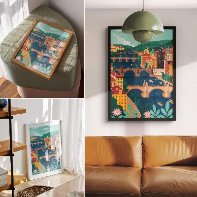 Wandposter kleurrijke stad met bruggen, natuur en de hemel