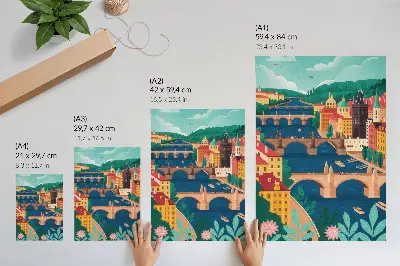 Wandposter kleurrijke stad met bruggen, natuur en de hemel