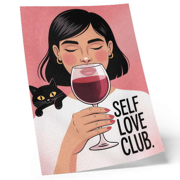 Poster Vrouw met wijn en kat in illustratiestijl