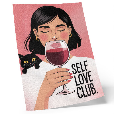 Poster Vrouw met wijn en kat in illustratiestijl