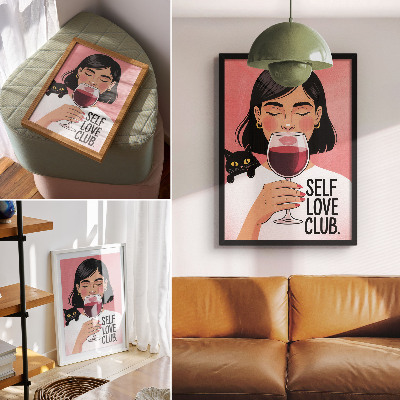 Poster Vrouw met wijn en kat in illustratiestijl
