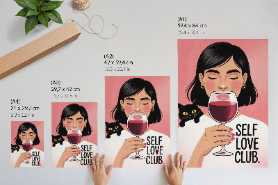 Poster Vrouw met wijn en kat in illustratiestijl