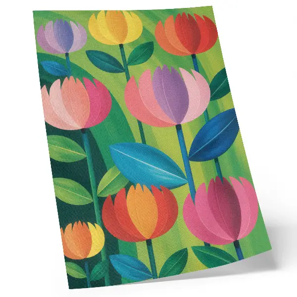 Decoratieve poster met kleurrijke geometrische bloemen en bladeren op een groene achtergrond