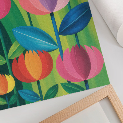 Decoratieve poster Kleurrijke geometrische bloemen en bladeren op een groene achtergrond