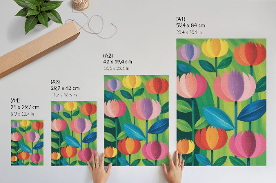 Decoratieve poster Kleurrijke geometrische bloemen en bladeren op een groene achtergrond