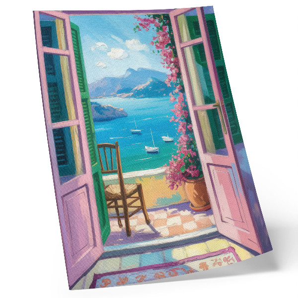 Poster Open deur heldere bloemen zeeblauw zeilboten