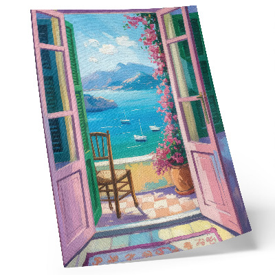Poster Open deur heldere bloemen zeeblauw zeilboten