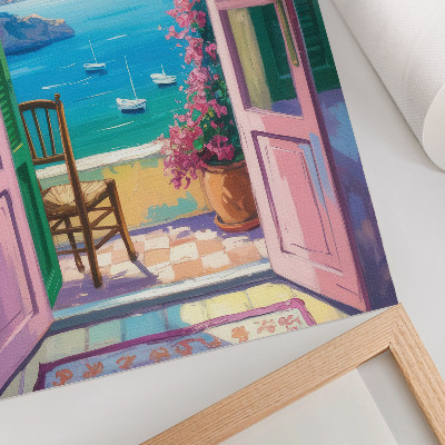 Poster Open deur heldere bloemen zeeblauw zeilboten