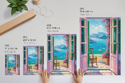 Poster Open deur heldere bloemen zeeblauw zeilboten