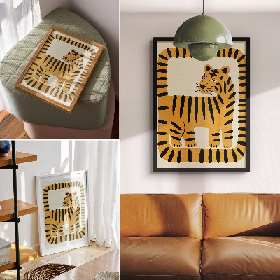 Wandposter Tijger in een grafische stijl met intense kleuren.