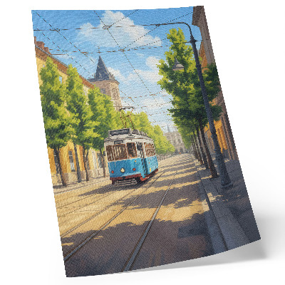 Poster Zonnige straattram groen en blauw