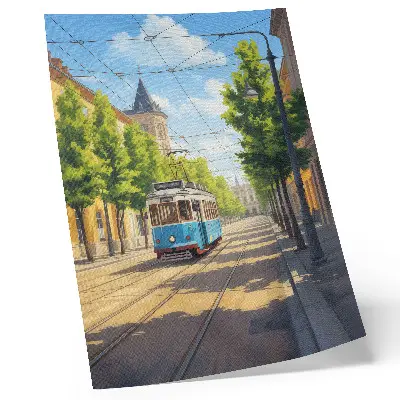 Poster zonnige straattram in groen en blauw